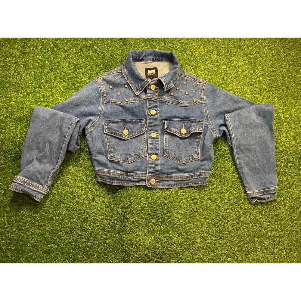 L&M Black Label Cropped Denim Jacket Small Quilted Studded Western